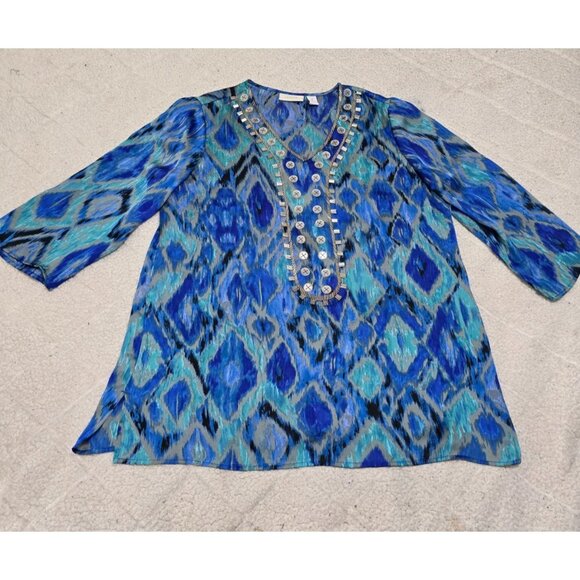 Chico's Women's Blue Ikat Print Embellished V Neck Tunic Blouse 3/4 Sleeve Sz 2 - Picture 6 of 14